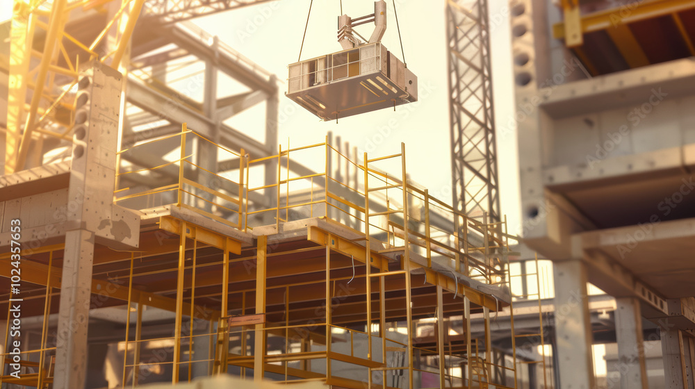 Poster construction site with scaffolding and crane lifting materials, showcasing industrial activity and p
