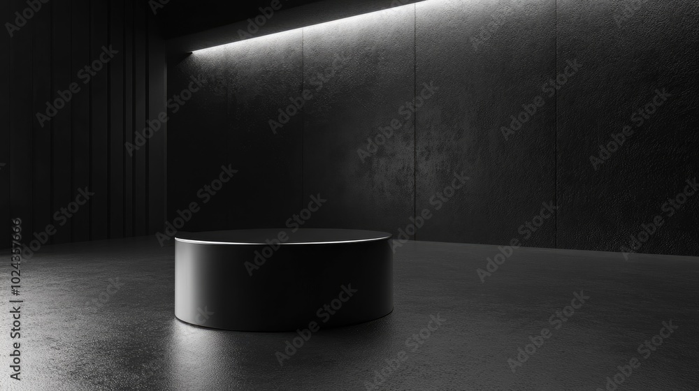 Poster 3d rendering of a minimalist black and silver cylinder podium in an empty space