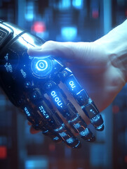Obraz premium Futuristic robotic hand shaking a human hand in partnership, technology integration, cybernetic handshake 