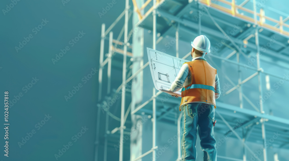 Aufkleber construction worker examines blueprints while standing in front of scaffolding, showcasing planning 