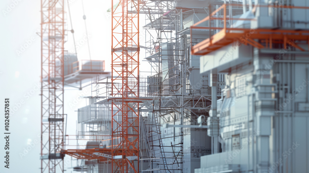 Poster construction site with cranes and scaffolding, showcasing industrial architecture and building mater