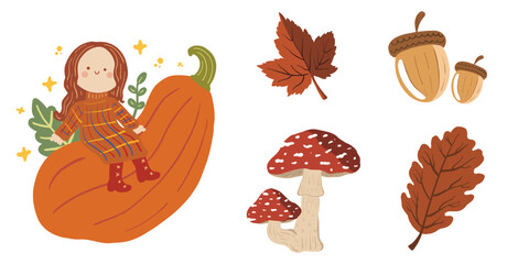 Set of vector cute illustrations of mushrooms, leaves, girl, animal, autumn set