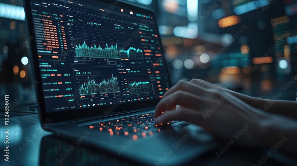 Poster closeup of hands typing on a laptop with stock market data displayed on the screen. the background i