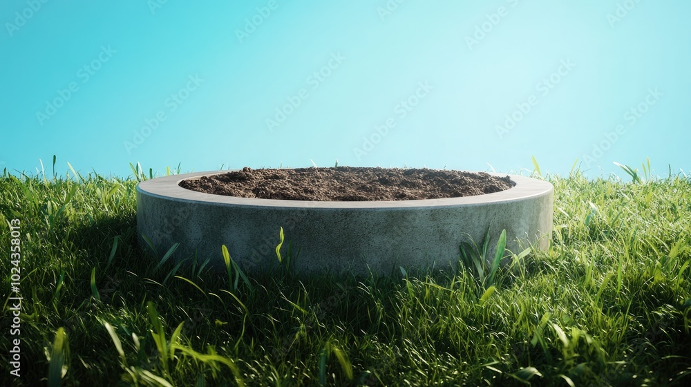 Poster 3d illustration of a circular podium in a grassy field featuring a paradise like mockup of soil cros