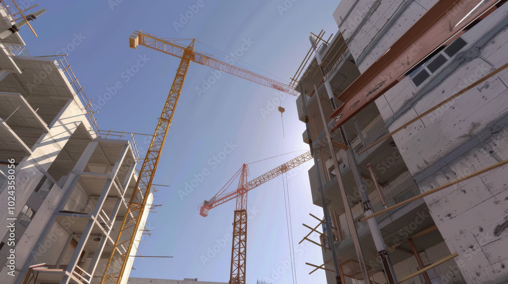 Poster construction site with cranes and buildings under development, showcasing dynamic process of urban d