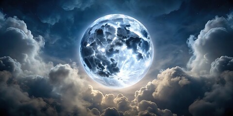 Obraz premium Symmetrical big full moon with dark night sky and cloudy illuminated