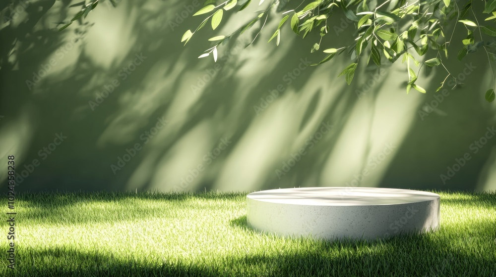 Poster 3d podium display with a green background featuring natural grass and sunlight shadows minimalist na