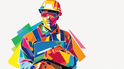 vibrant and colorful illustration of construction worker wearing hard hat and sunglasses, holding clipboard. geometric shapes and bright colors convey sense of energy and professionalism in