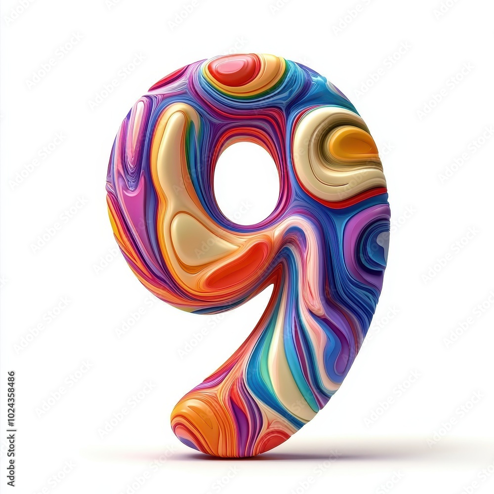 Poster a colorful, abstract representation of the number nine, showcasing vibrant swirls and patterns.