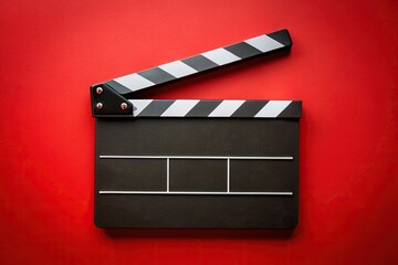 Obraz premium Symmetrical black clapperboard on red background