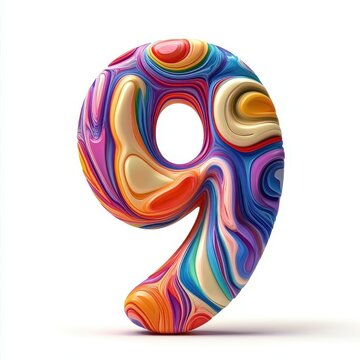 A colorful, abstract representation of the number nine, showcasing vibrant swirls and patterns.