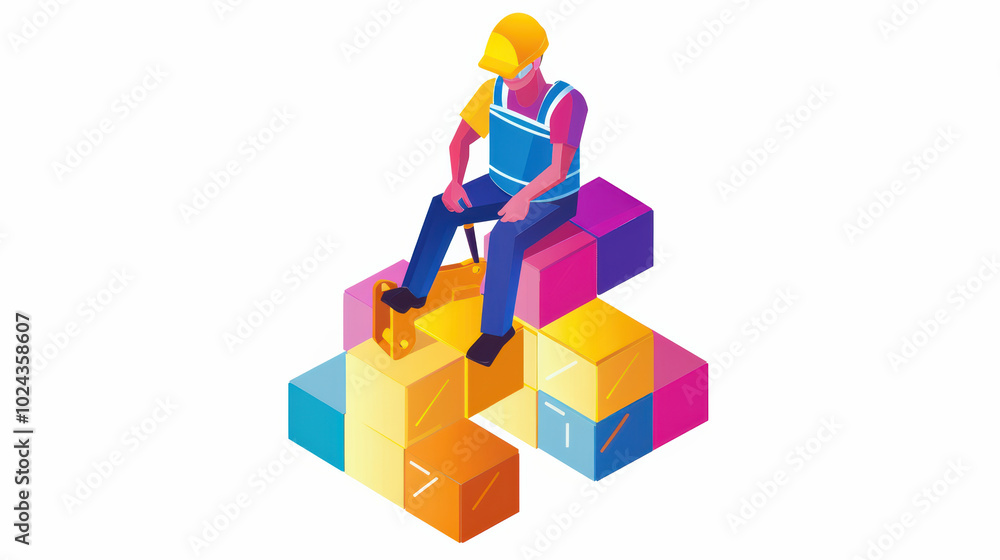Poster construction worker sits on colorful stacked boxes, using tool to work on project. vibrant colors an