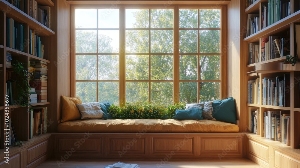 Poster cozy reading nook with bookshelf and window view