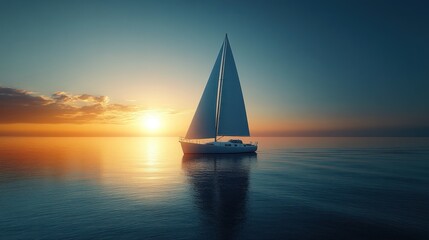 A white sailboat glides across the calm ocean at sunset. 
