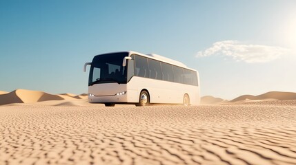A white bus travels through a vast desert landscape under a clear sky, with soft sand dunes stretching out in the distance.