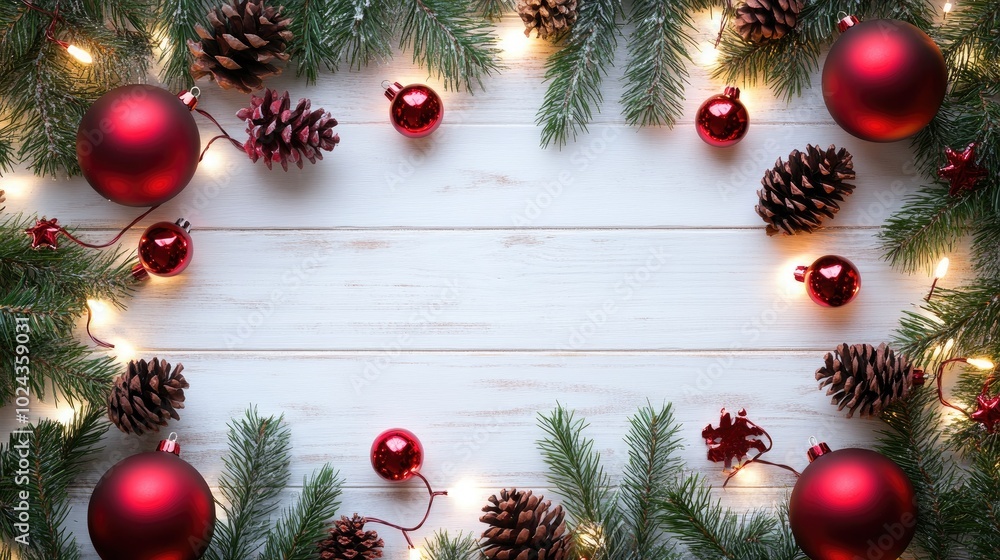 Poster christmas light balls fir tree branches and cones arranged on a white wooden surface viewed from abo