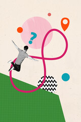 Vertical photo collage of unsure anonym man jump question mark dilemma hesitation geolocation...