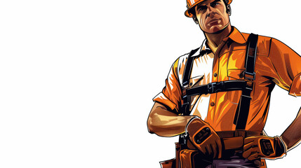 confident construction worker stands proudly, showcasing his orange uniform and safety gear. His strong posture reflects determination and professionalism in construction industry