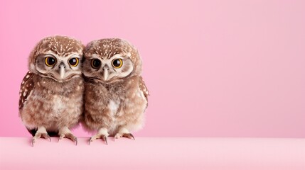 Obraz premium Cute pair of fluffy owls perched against a soft pink background