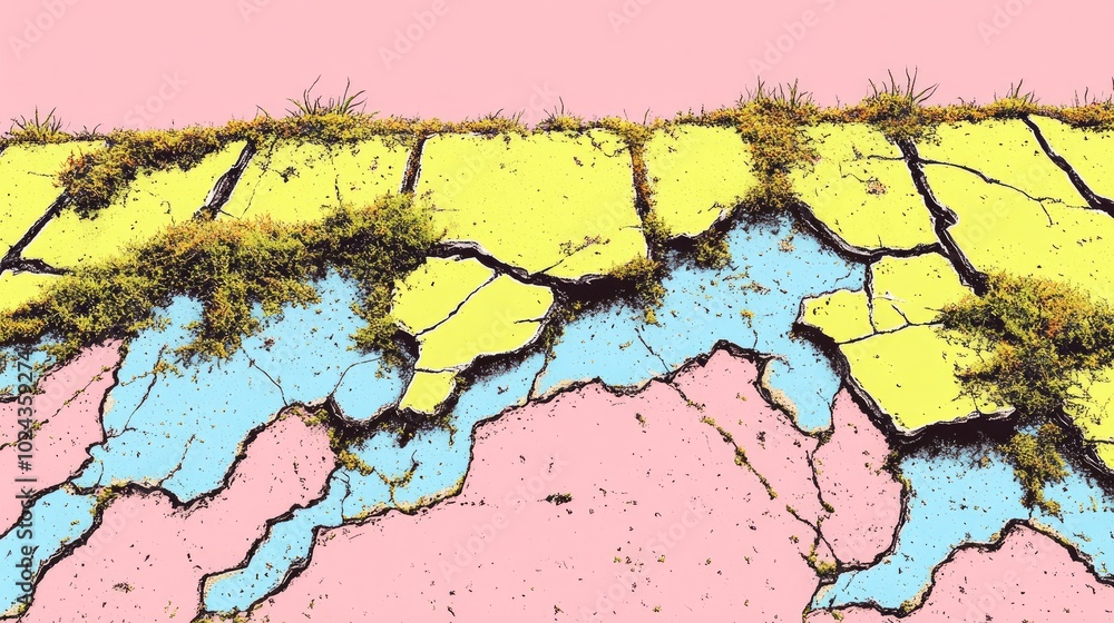 Poster aged rusty wall of a structure featuring cracks with moss growth
