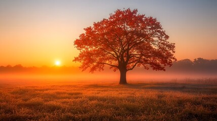 Obraz premium Beautiful sunrise over a foggy field with frost-covered grass and trees, capturing the essence of late autumn