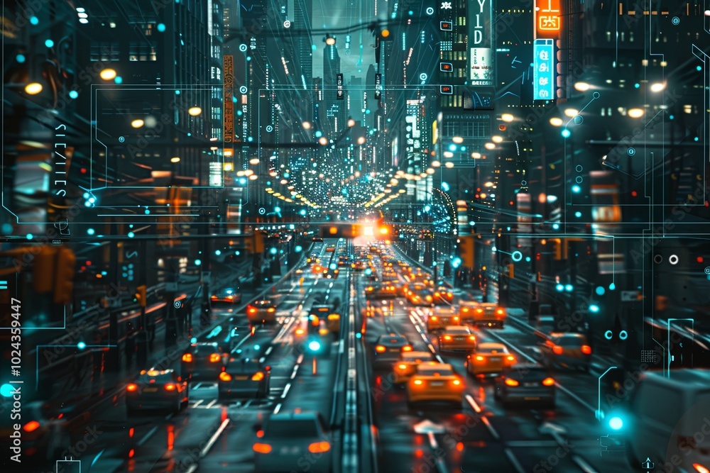 Aufkleber self-driving cars glide through a high-tech urban environment with intelligent traffic systems and v