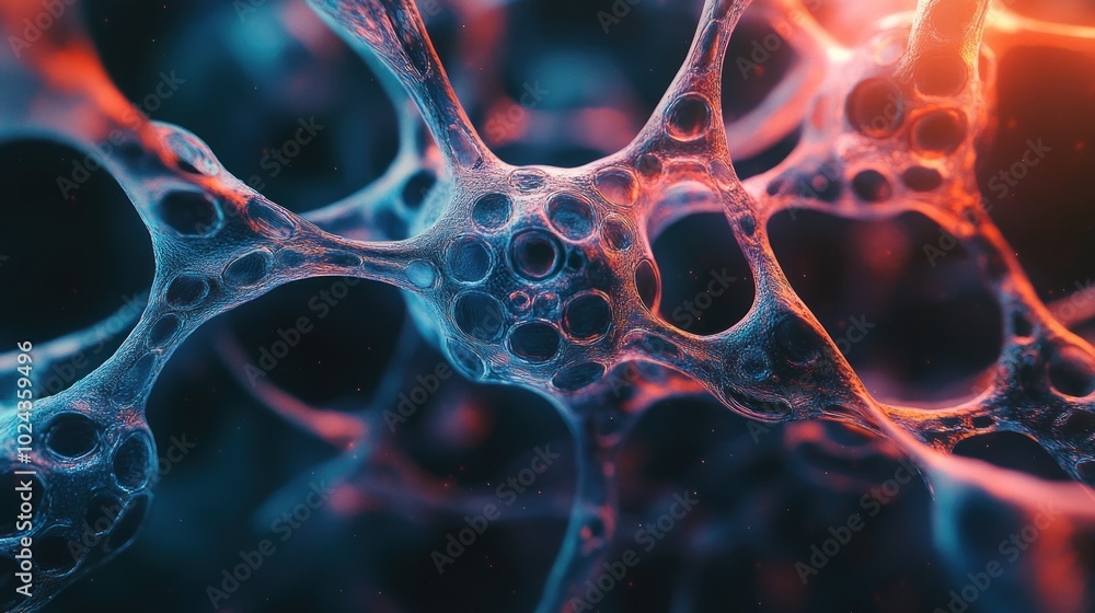 Poster abstract depiction of interconnected cells with vibrant colors and intricate structures.