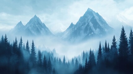 A serene mountain landscape shrouded in mist, evoking tranquility and natural beauty.