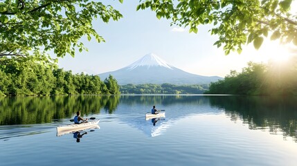 A serene lake reflects the majestic mountain, framed by lush greenery, with two kayakers enjoying a peaceful day on the water.