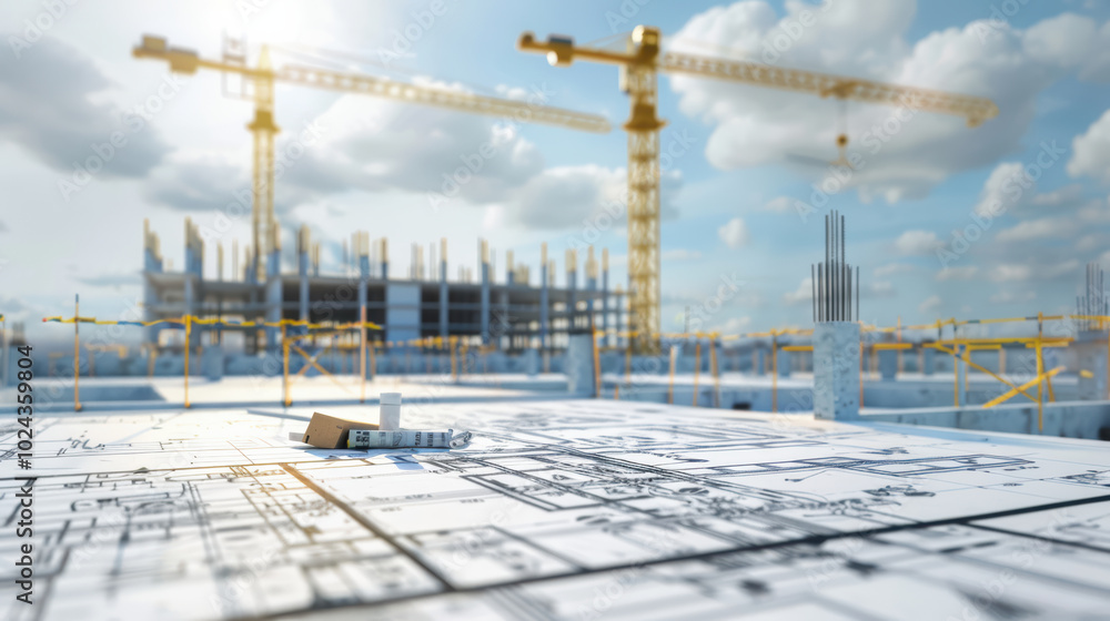 Poster construction site with blueprints and cranes in background, showcasing process of building and devel