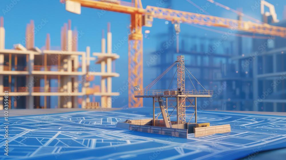 Poster detailed construction site model showcases crane and blueprints, symbolizing progress and innovation