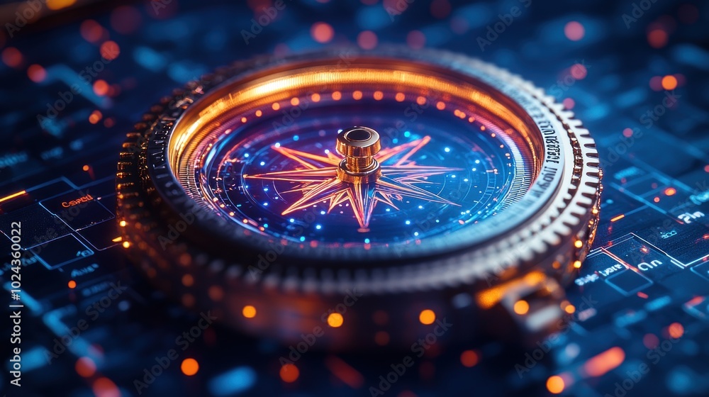 Poster a futuristic compass with glowing lights sits on a circuit board, representing digital navigation an