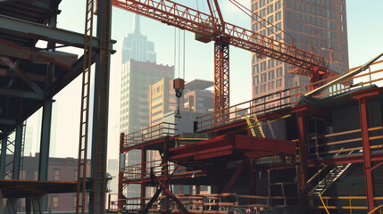 Naklejka premium Construction site with cranes and buildings in cityscape, showcasing urban development and industrial architecture. scene captures essence of modern construction