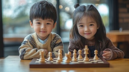 Two young children are sitting at a table playing a game of chess