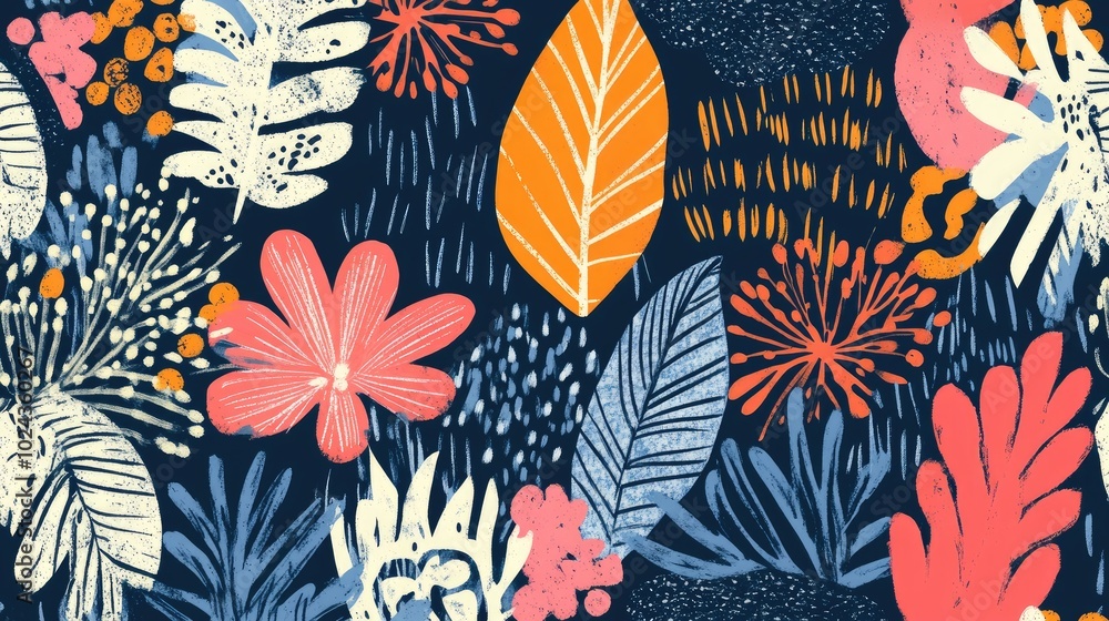 Poster abstract doodle design featuring hand drawn geometric shapes and whimsical foliage with floral eleme