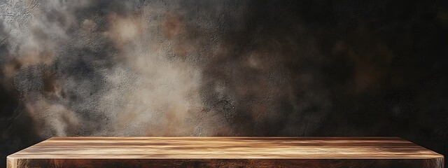  Wood countertop in the kitchen. Empty wooden table for product against dark concrete wall background. 3D brown podium for advertising. Mockup with design platform. 