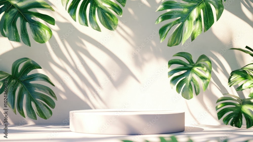 Aufkleber 3D render of a podium display against a light pastel background featuring shadows cast by lush green tropical leaves This abstract organic setting is ideal for promoting wellness products spa trea