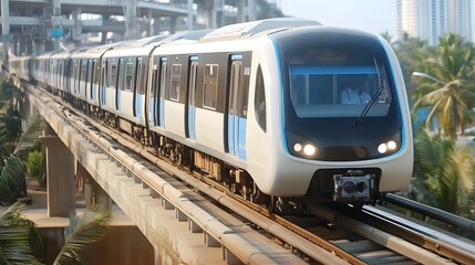 Fototapeta premium A modern train travels on elevated tracks surrounded by greenery and urban structures, showcasing efficient public transport.