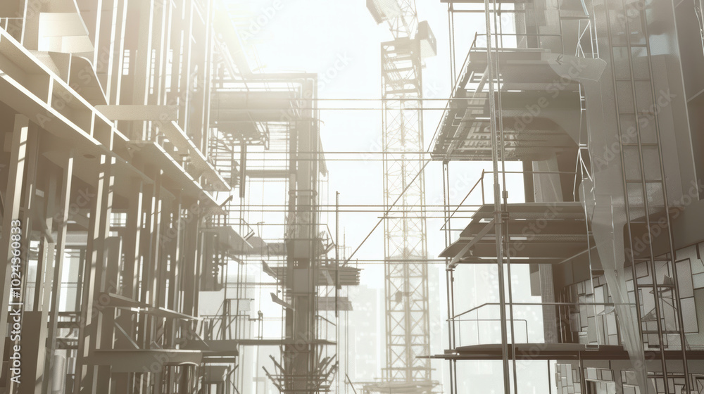 Poster image showcases construction site with scaffolding and cranes, highlighting industrial atmosphere an