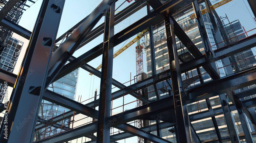 Poster image showcases modern construction site with steel beams and cranes, highlighting intricate framewo