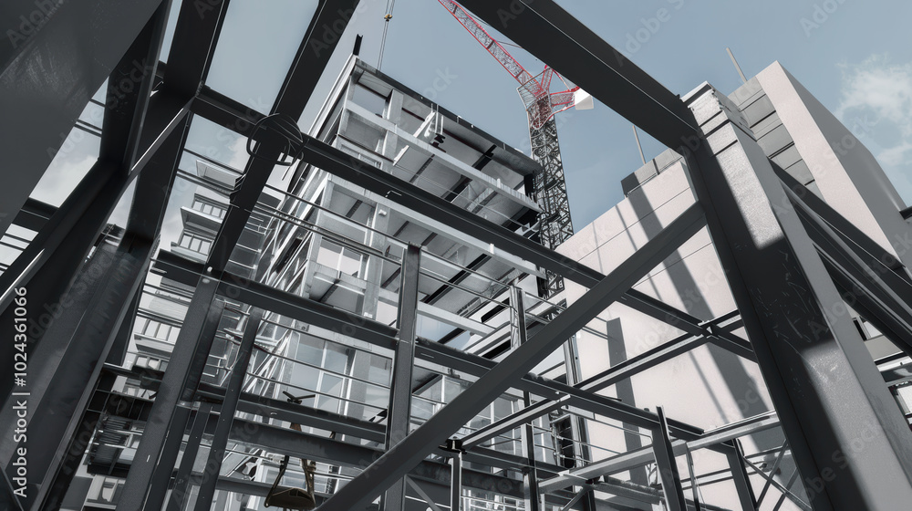 Poster image showcases modern construction site with steel beams and crane, highlighting intricate framewor