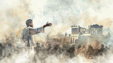 Naklejka premium Ancient orator addressing crowd with Parthenon in background