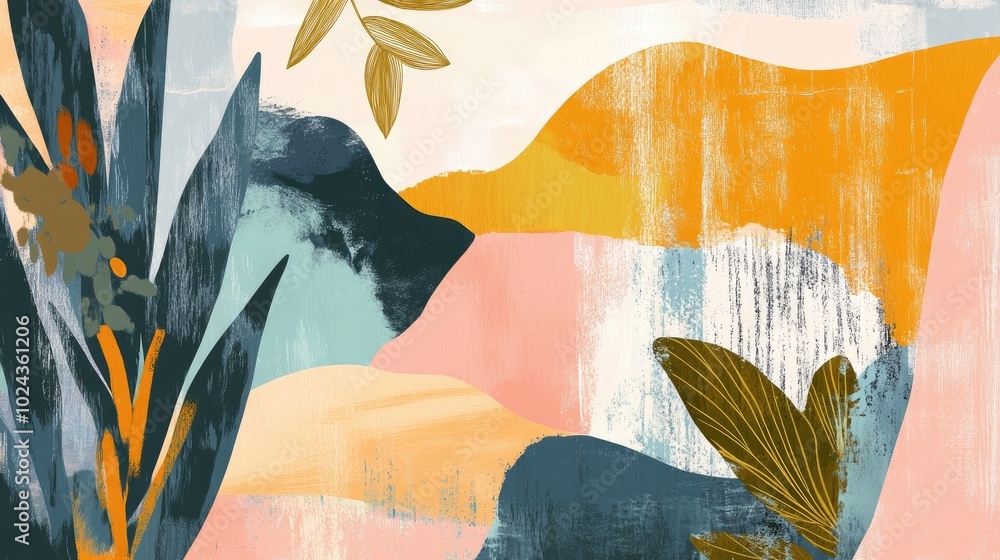 Poster abstract modern painting featuring a landscape composition with boho inspired decor designed with ab