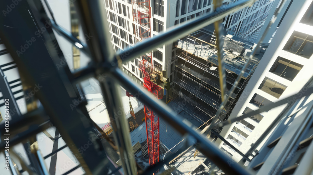 Poster aerial view of construction site showcasing red crane amidst modern buildings. intricate scaffolding