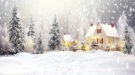 Fototapeta premium A breathtaking snowy village nestled in the mountains, covered in a thick layer of fresh snow, with charming cottages and twinkling lights. Majestic trees and snowflakes add to the serene beauty.