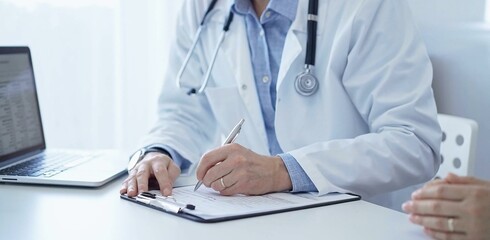 A doctor and a patient. The physician, wearing a white medical coat over a blue shirt, is filling out a medical record form during a consultation in the clinic. Medical service