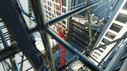 Fototapeta premium Aerial view of construction site showcasing red crane amidst modern buildings. intricate scaffolding and structural elements highlight ongoing development and urban architecture