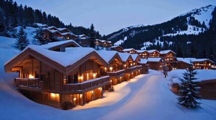 Fototapeta premium A breathtaking snowy village nestled in the mountains, covered in a thick layer of fresh snow, with charming cottages and twinkling lights. Majestic trees and snowflakes add to the serene beauty.