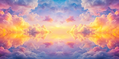 Obraz premium Symmetrical colorful sky with soft and blurred pink purple yellow pastel colored clouds with copy space for wallpaper