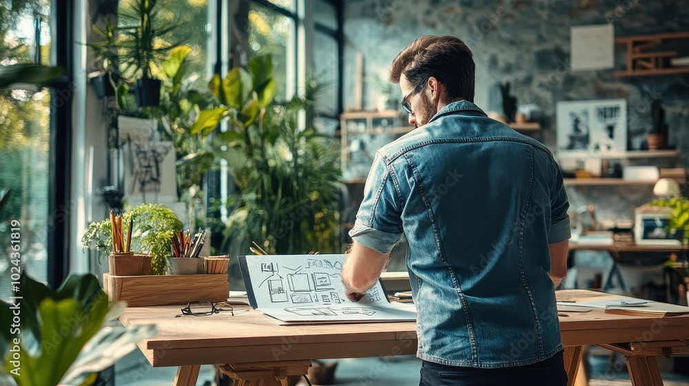 Poster creative workspace with man working on design